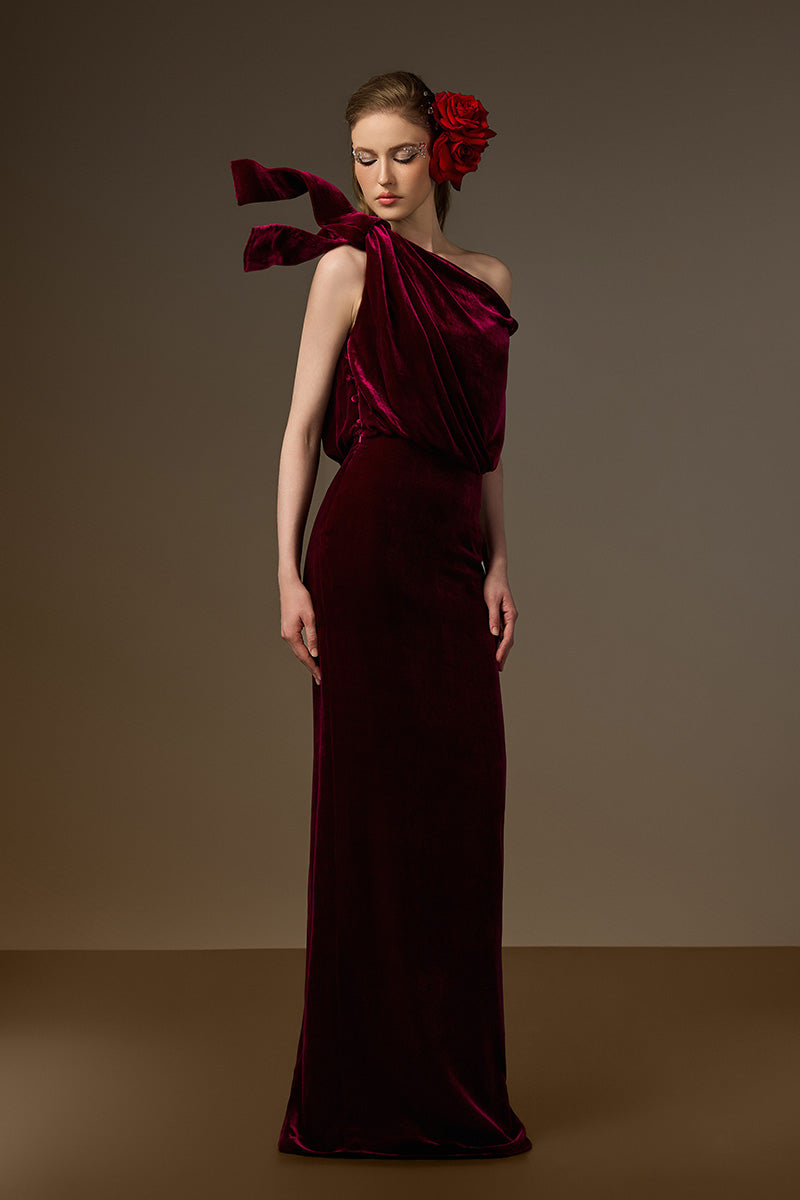 ISADORA DARK PINK ONE-SHOULDER VELVET COLUMN GOWN