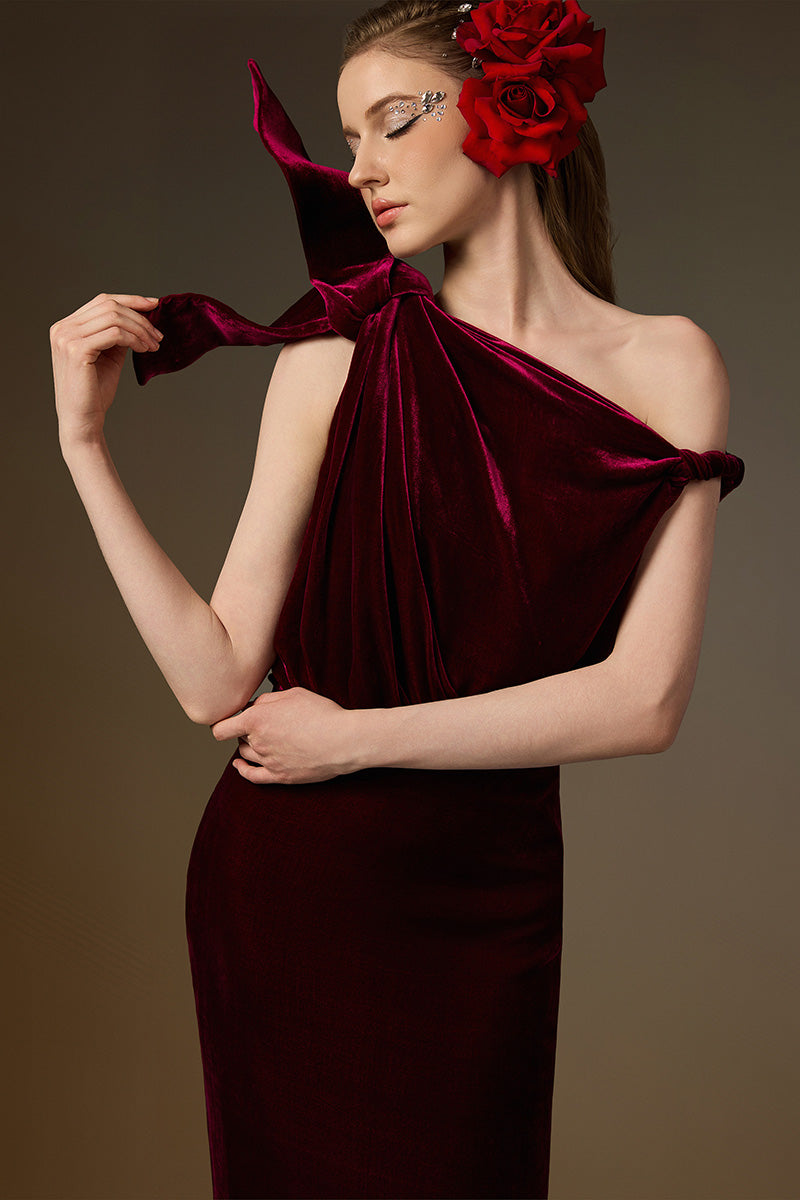 ISADORA DARK PINK ONE-SHOULDER VELVET COLUMN GOWN