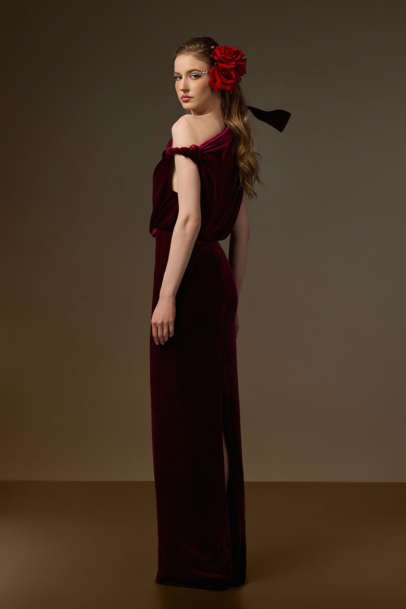 ISADORA DARK PINK ONE-SHOULDER VELVET COLUMN GOWN
