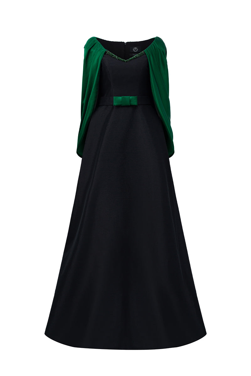 GENEVIEVE GREEN AND BLACK DRAPED V-NECK A-LINE GOWN