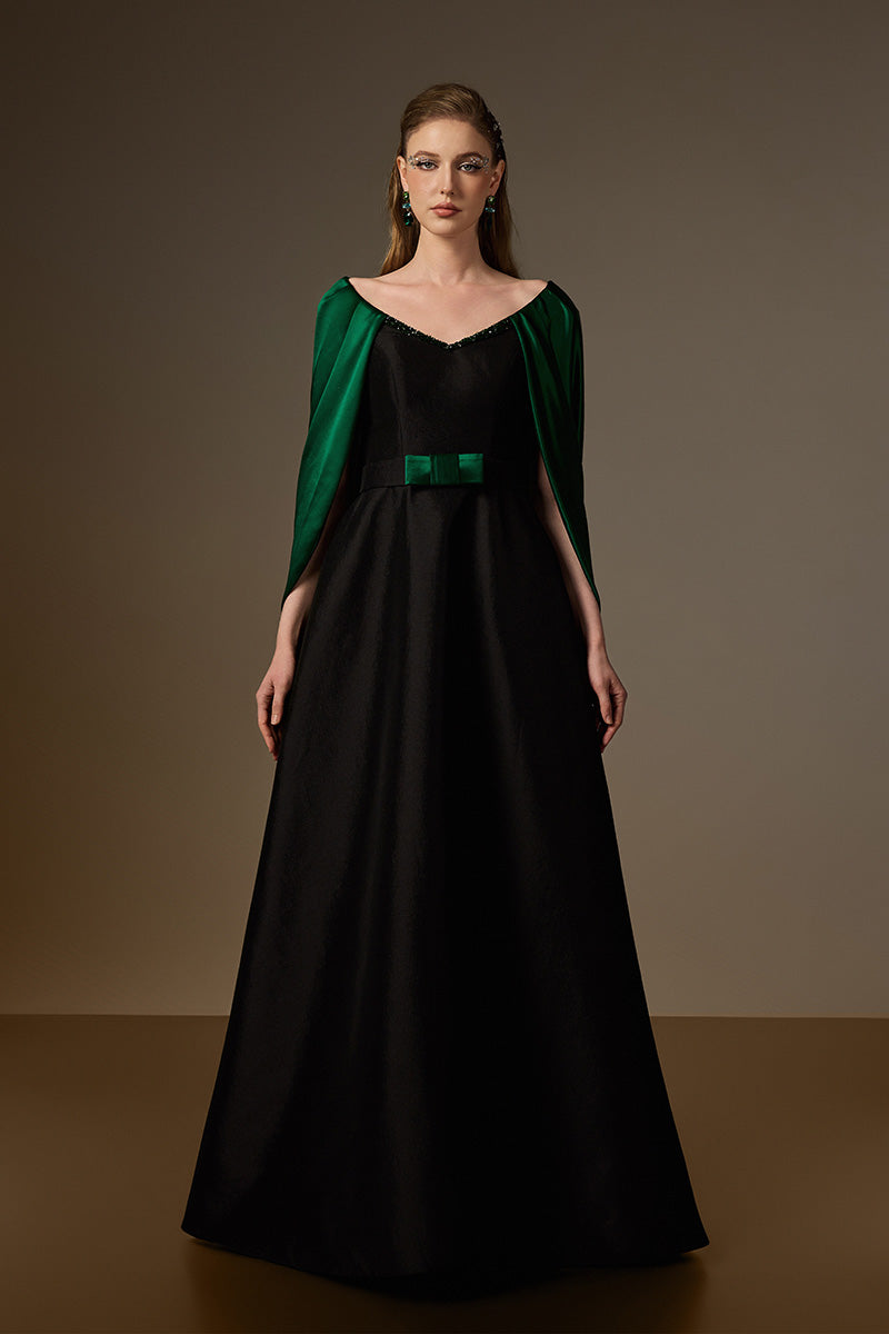 GENEVIEVE GREEN AND BLACK DRAPED V-NECK A-LINE GOWN