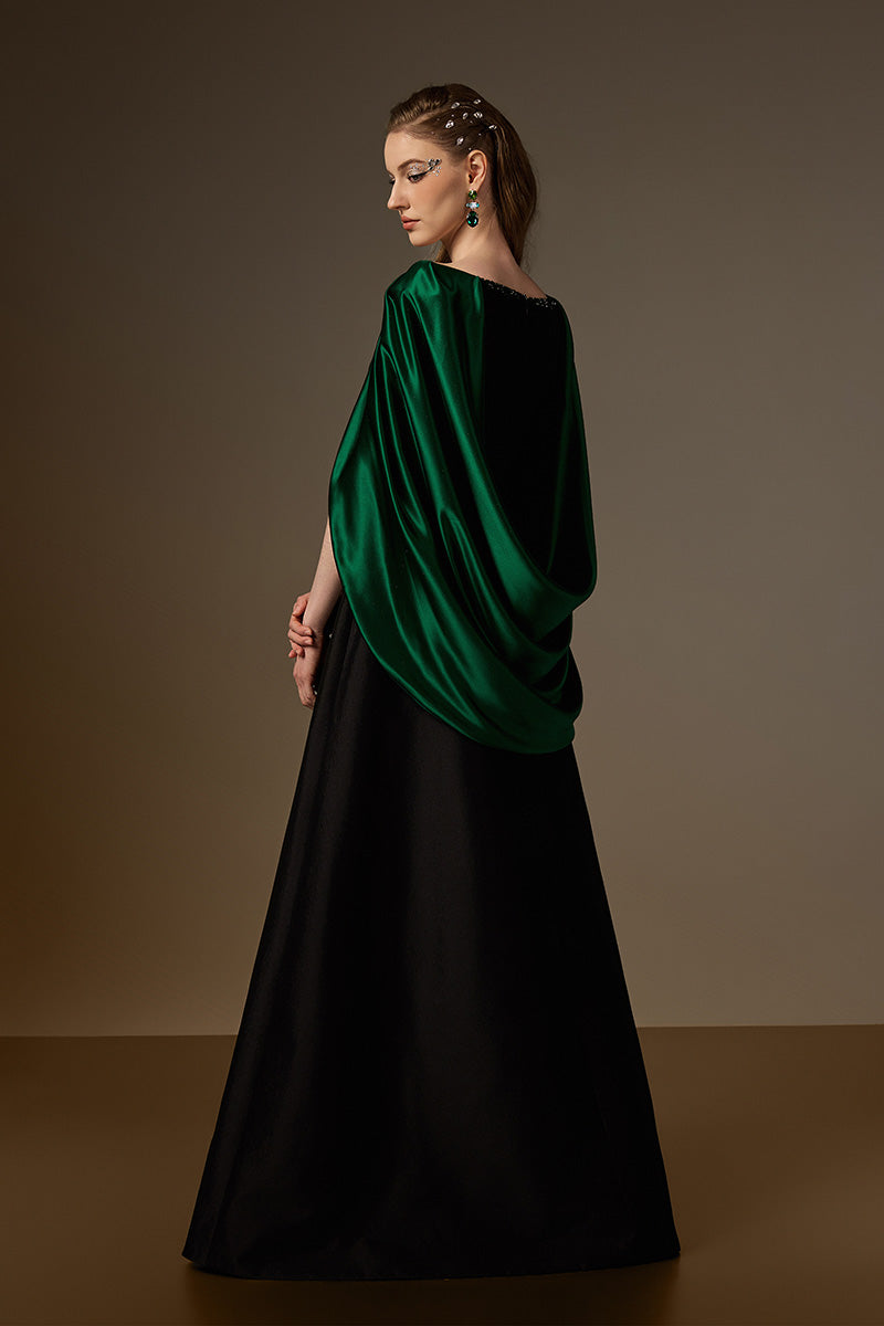 GENEVIEVE GREEN AND BLACK DRAPED V-NECK A-LINE GOWN