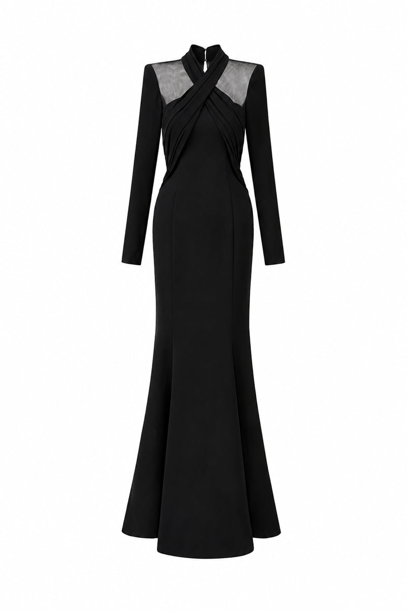 LORELEI BLACK DRAPED CREPE MERMAID GOWN