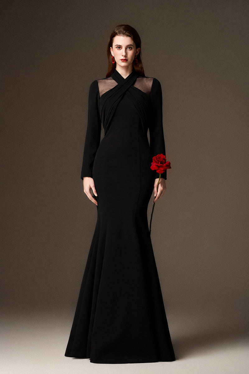 LORELEI BLACK DRAPED CREPE MERMAID GOWN