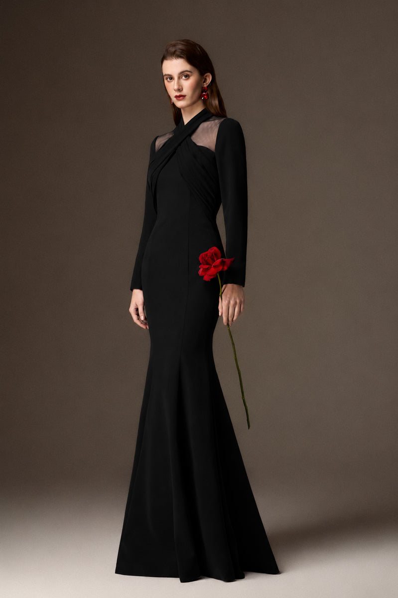 LORELEI BLACK DRAPED CREPE MERMAID GOWN