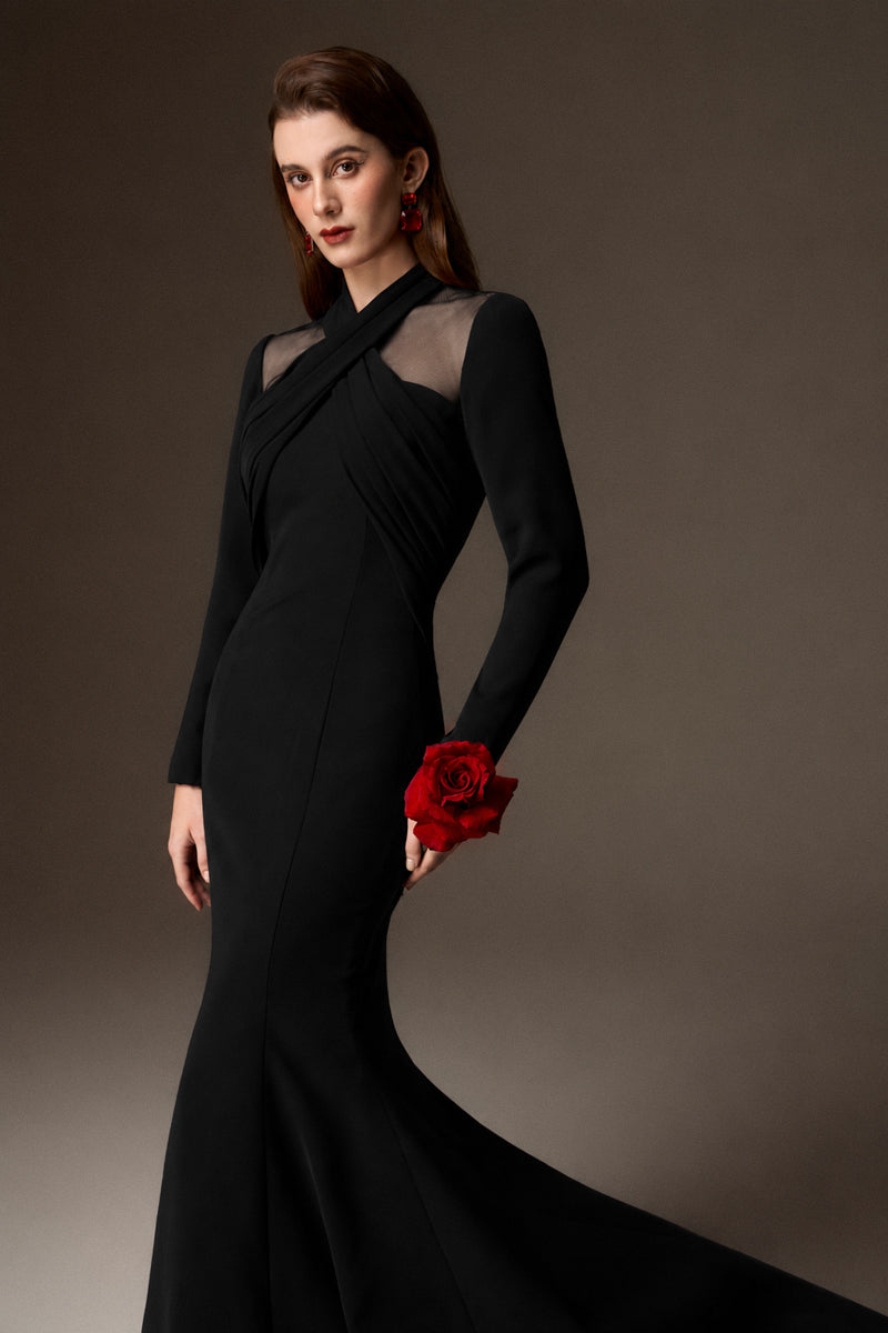 LORELEI BLACK DRAPED CREPE MERMAID GOWN