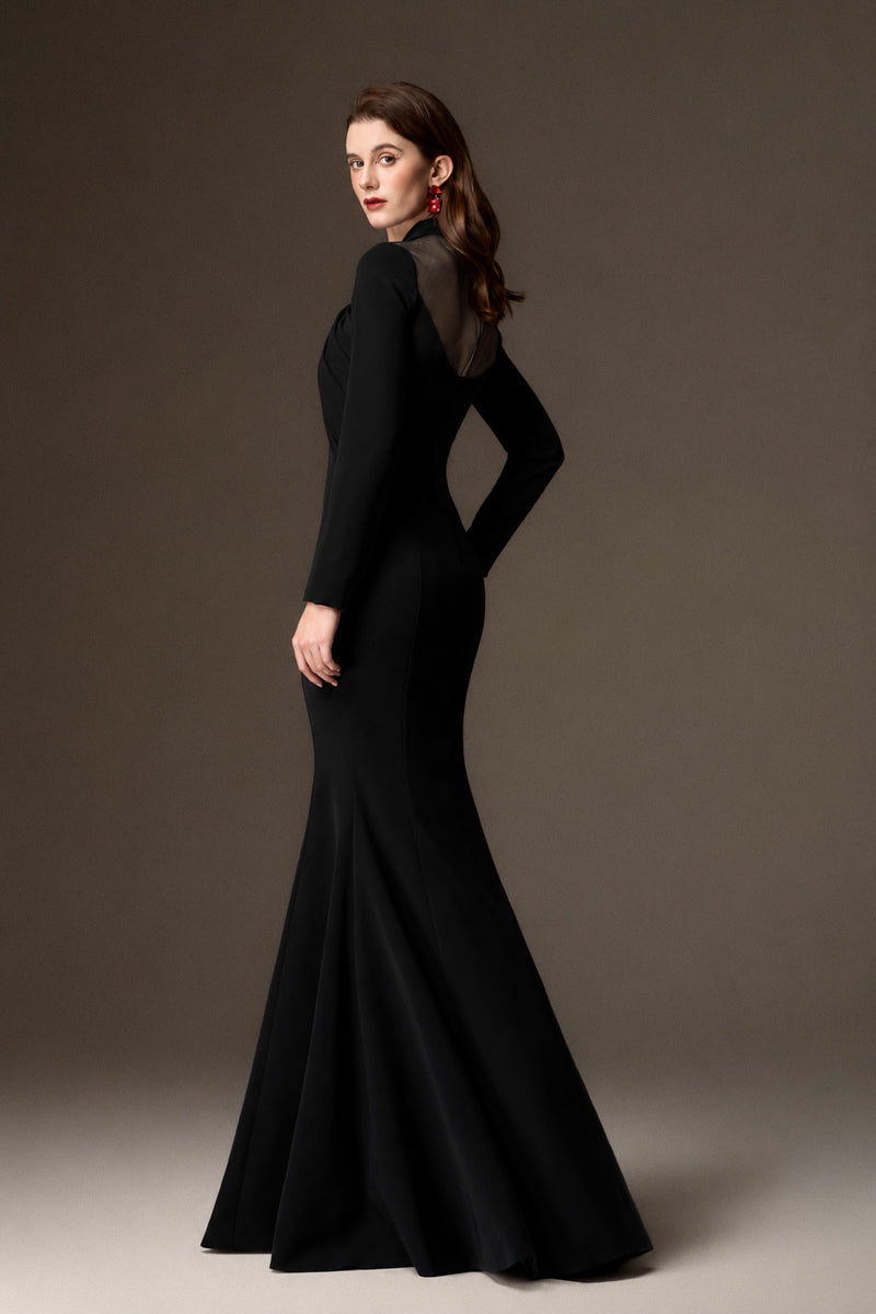 LORELEI BLACK DRAPED CREPE MERMAID GOWN