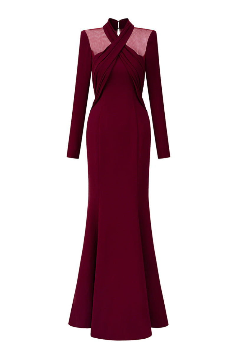 LORELEI BURGUNDY DRAPED CREPE MERMAID GOWN