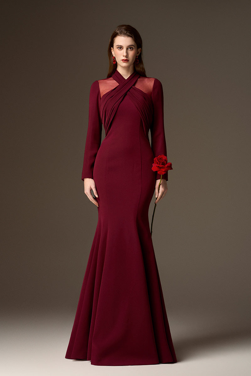 LORELEI BURGUNDY DRAPED CREPE MERMAID GOWN