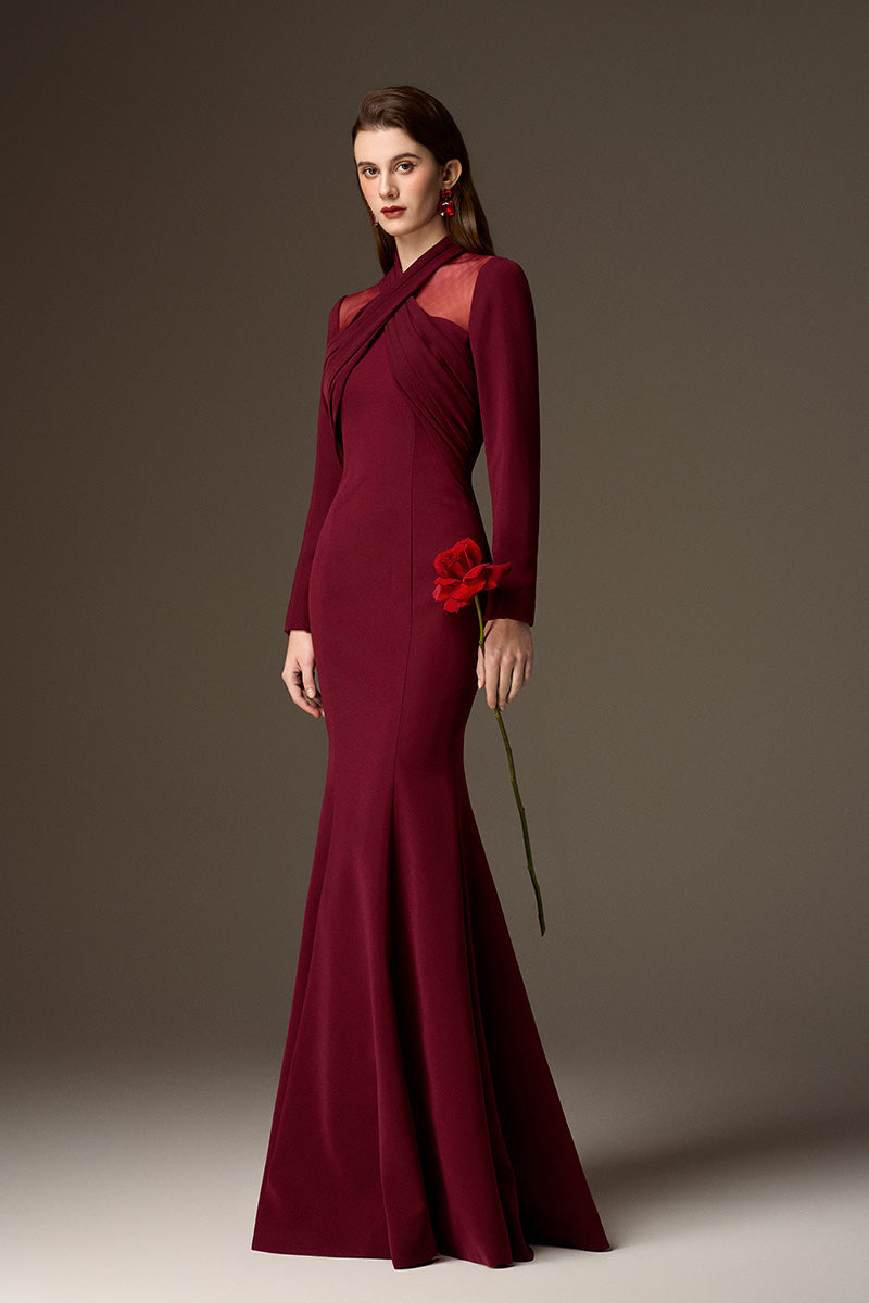 LORELEI BURGUNDY DRAPED CREPE MERMAID GOWN