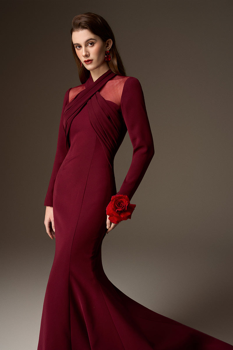 LORELEI BURGUNDY DRAPED CREPE MERMAID GOWN