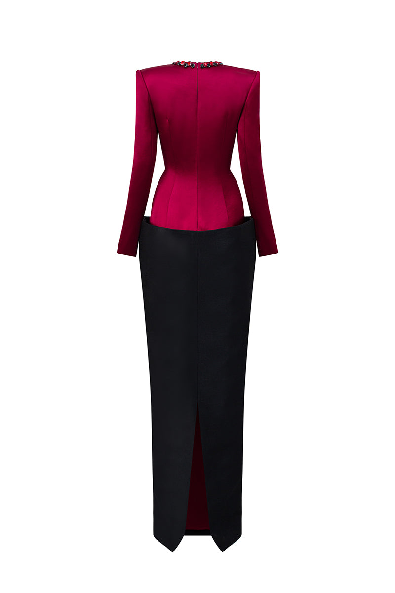 ROSALIND RED AND BLACK V-LINE TAFFETA COLUMN GOWN
