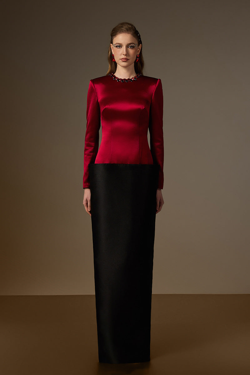 ROSALIND RED AND BLACK V-LINE TAFFETA COLUMN GOWN