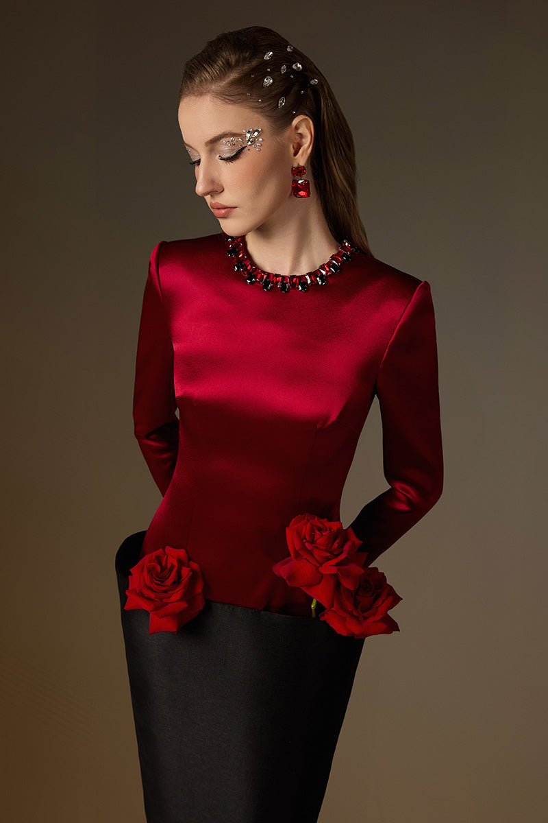ROSALIND RED AND BLACK V-LINE TAFFETA COLUMN GOWN