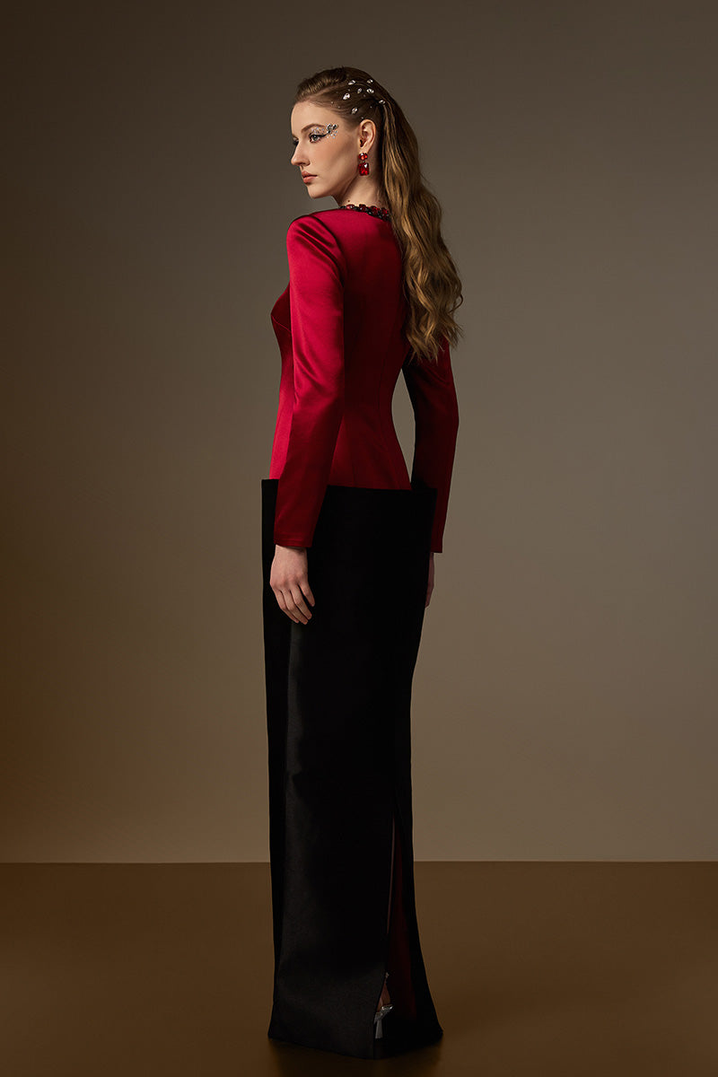 ROSALIND RED AND BLACK V-LINE TAFFETA COLUMN GOWN