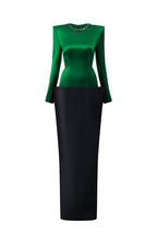 ROSALIND GREEN AND BLACK V-LINE TAFFETA COLUMN GOWN