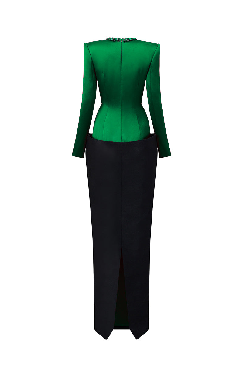 ROSALIND GREEN AND BLACK V-LINE TAFFETA COLUMN GOWN