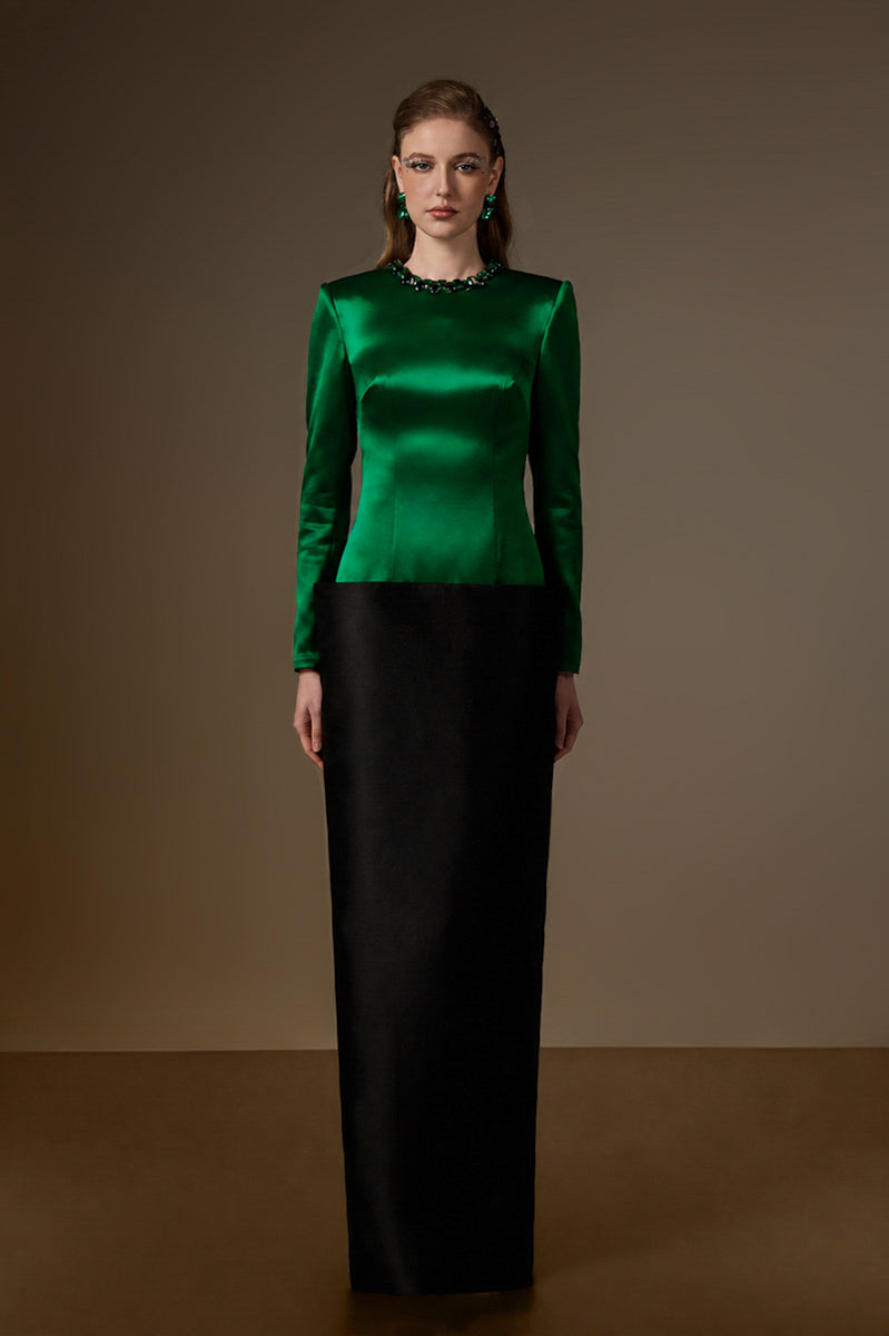 ROSALIND GREEN AND BLACK V-LINE TAFFETA COLUMN GOWN