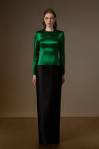 ROSALIND GREEN AND BLACK V-LINE TAFFETA COLUMN GOWN