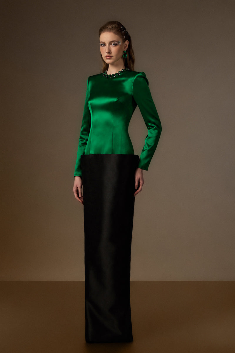 ROSALIND GREEN AND BLACK V-LINE TAFFETA COLUMN GOWN