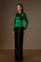 ROSALIND GREEN AND BLACK V-LINE TAFFETA COLUMN GOWN