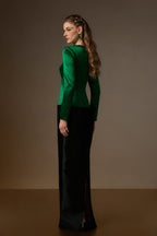 ROSALIND GREEN AND BLACK V-LINE TAFFETA COLUMN GOWN
