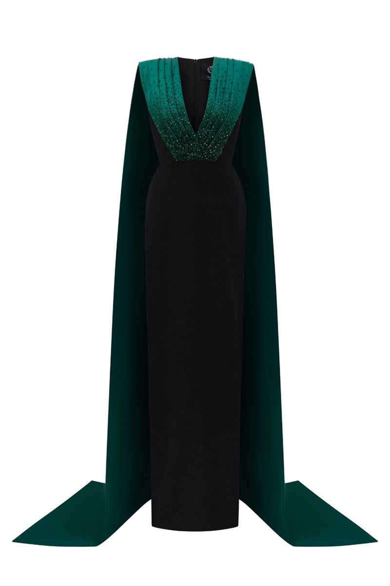 ANOUK GREEN AND BLACK DRAPED CREPE AND TAFFETA GOWN