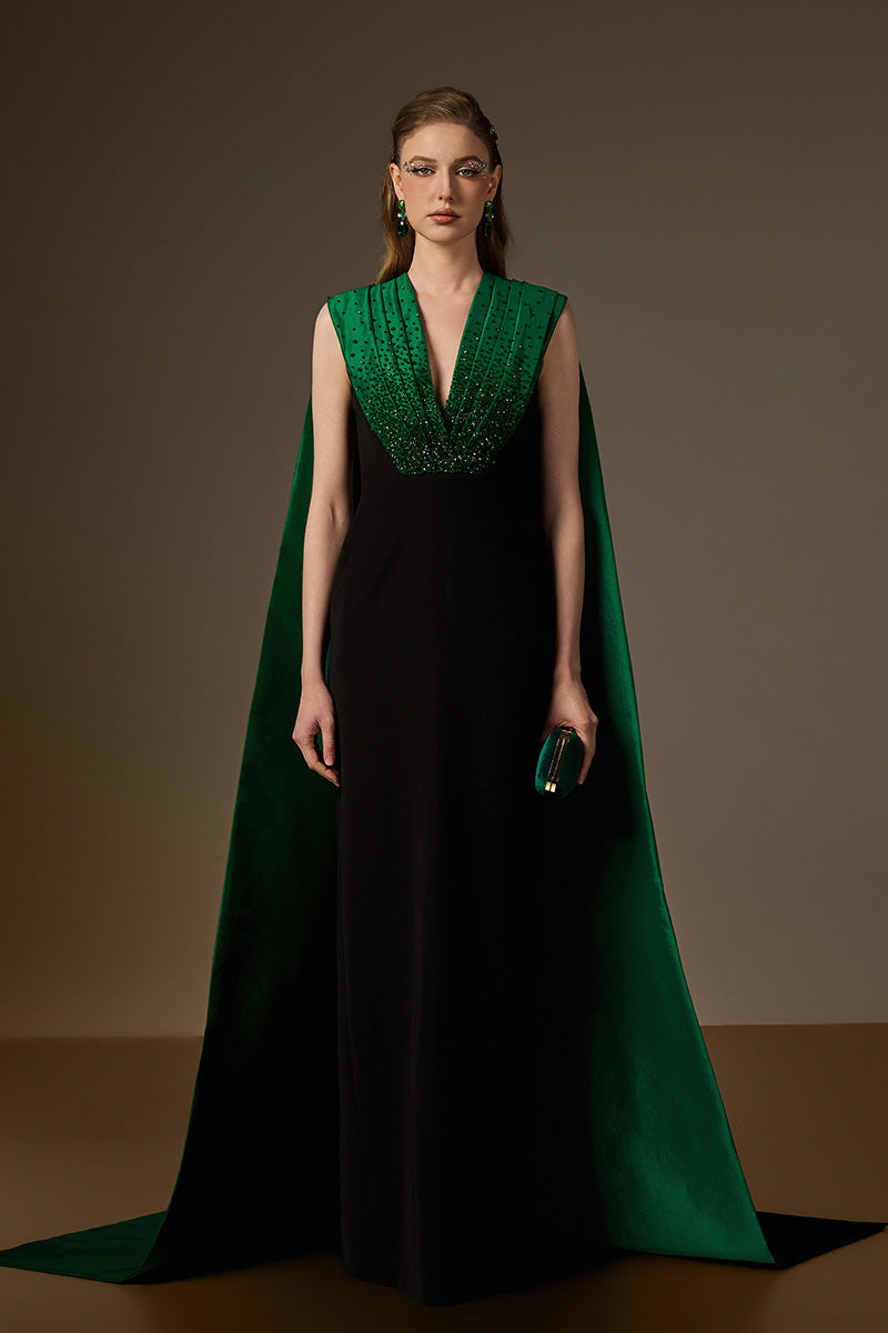 ANOUK GREEN AND BLACK DRAPED CREPE AND TAFFETA GOWN