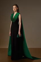ANOUK GREEN AND BLACK DRAPED CREPE AND TAFFETA GOWN