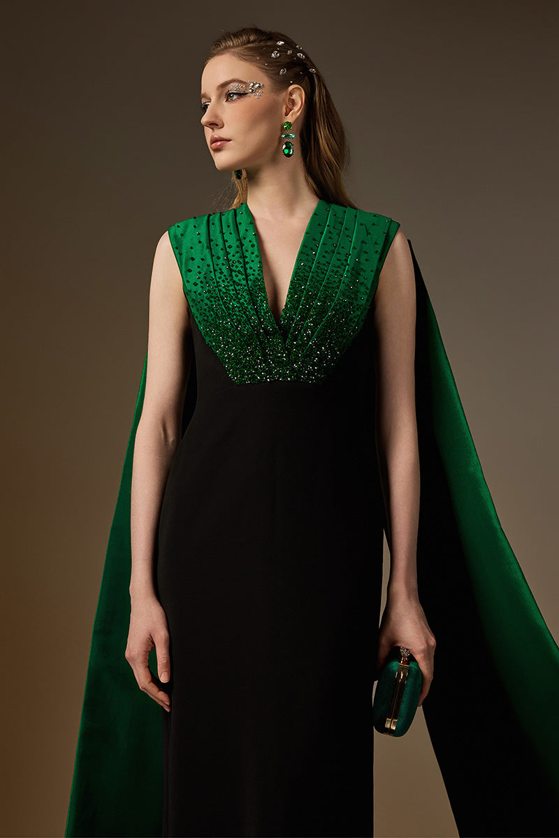 ANOUK GREEN AND BLACK DRAPED CREPE AND TAFFETA GOWN