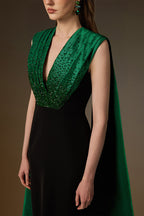 ANOUK GREEN AND BLACK DRAPED CREPE AND TAFFETA GOWN