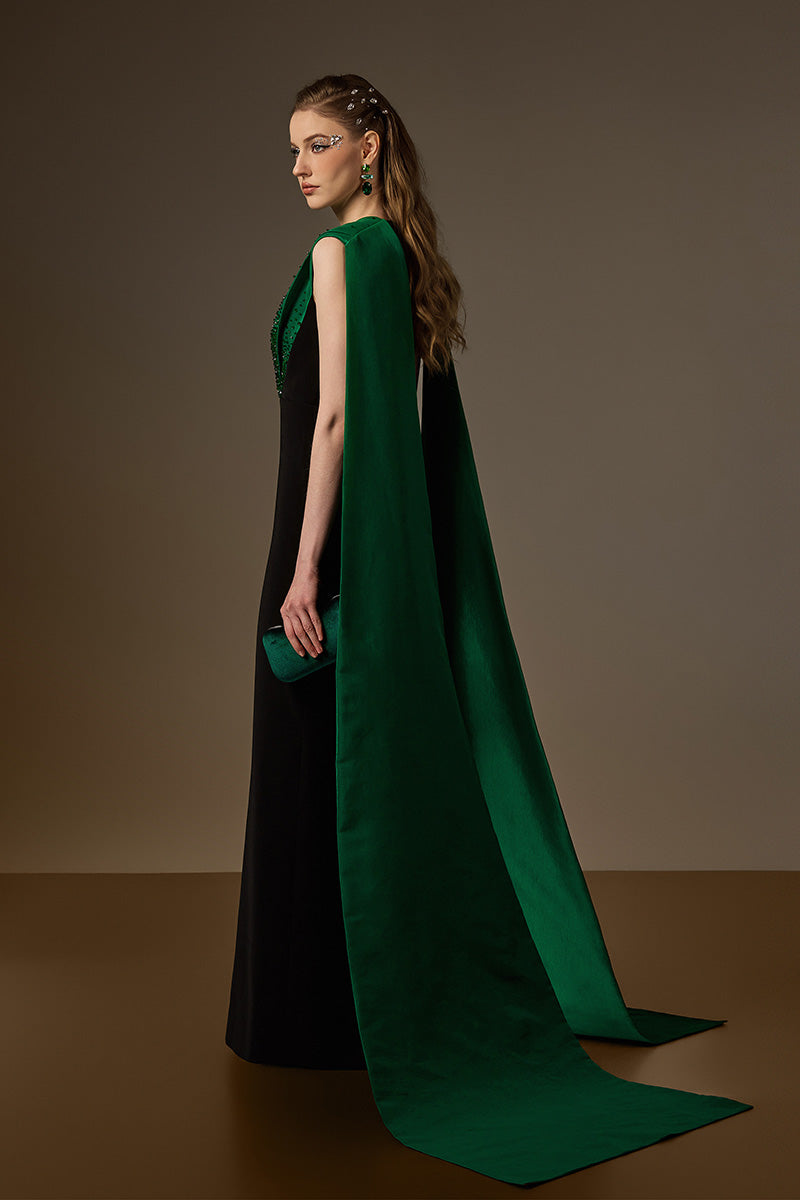 ANOUK GREEN AND BLACK DRAPED CREPE AND TAFFETA GOWN