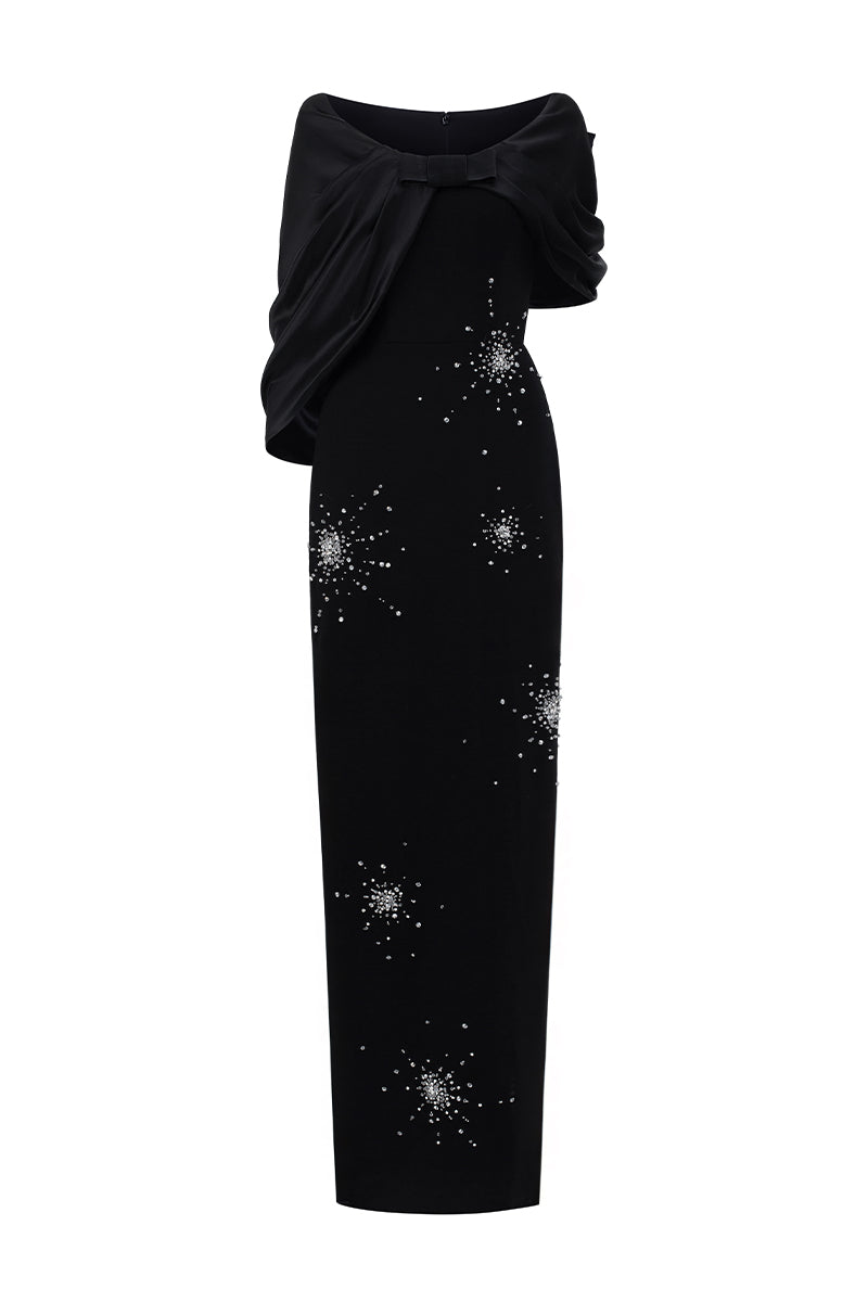 ELODIE BLACK DRAPED V-NECK COLUMN GOWN