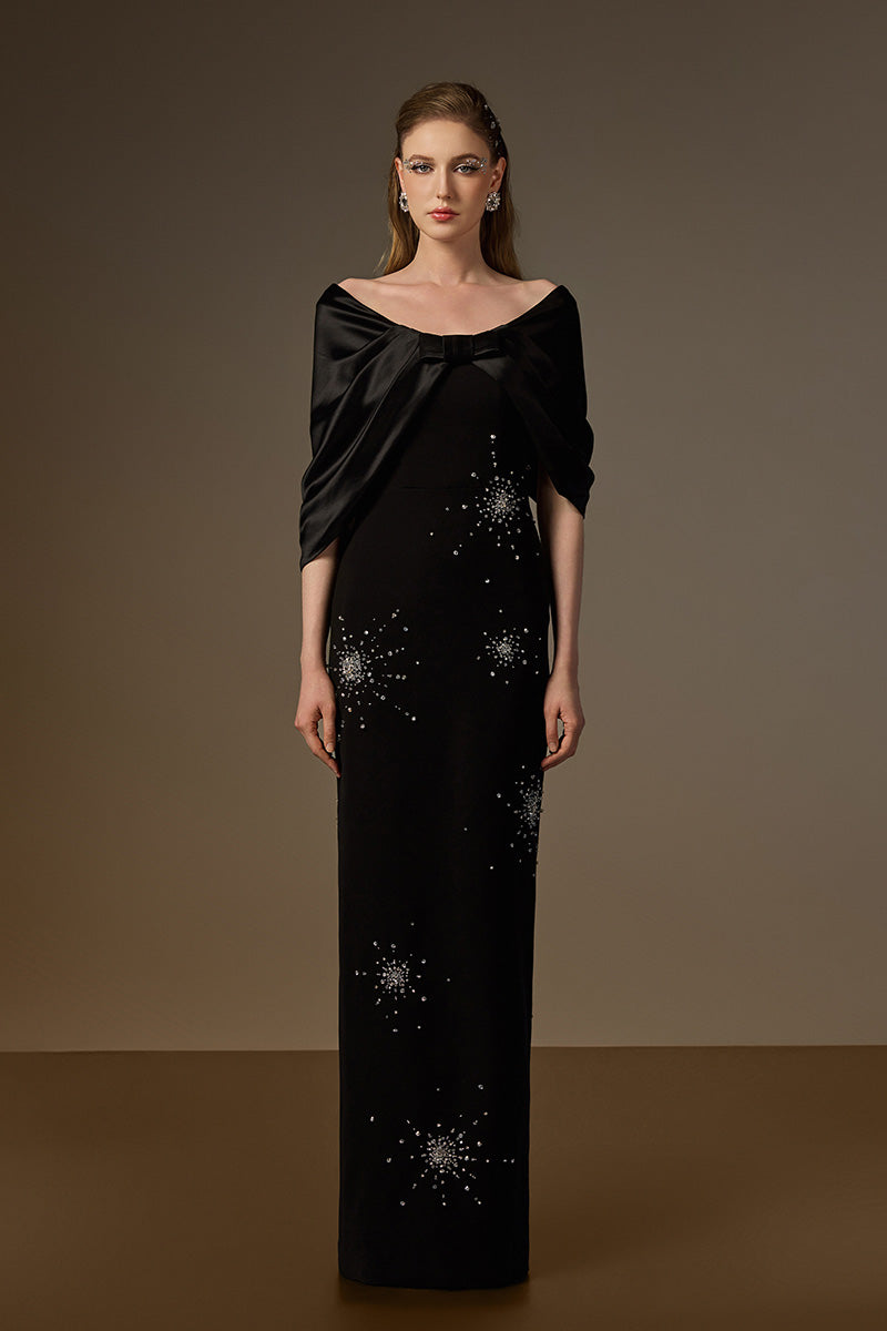 ELODIE BLACK DRAPED V-NECK COLUMN GOWN