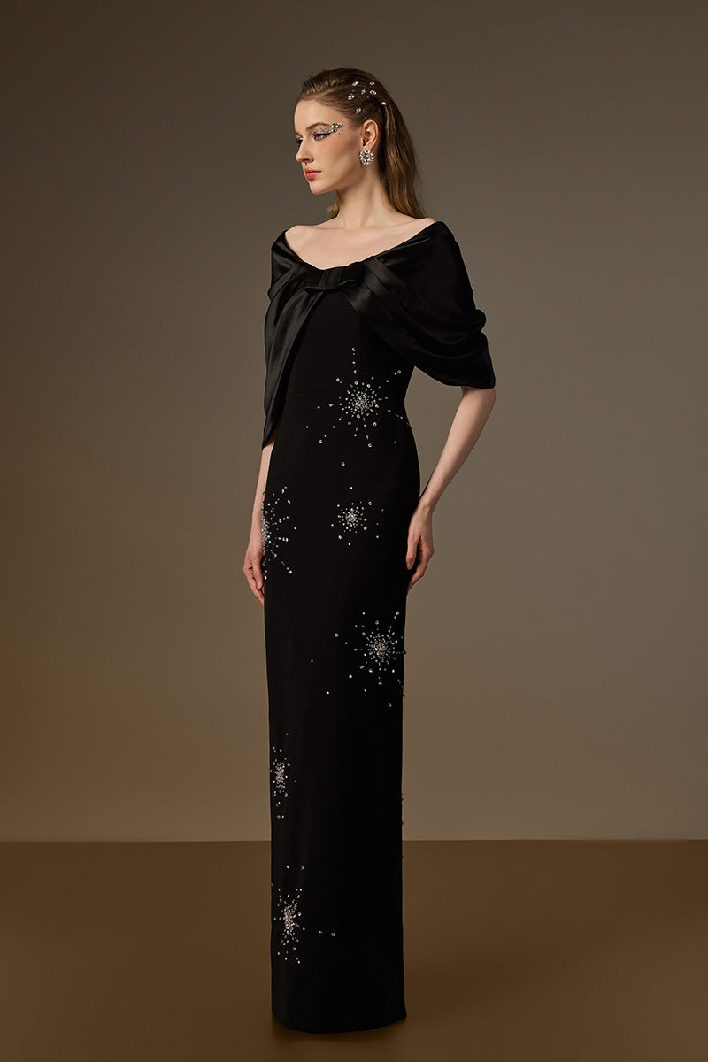 ELODIE BLACK DRAPED V-NECK COLUMN GOWN