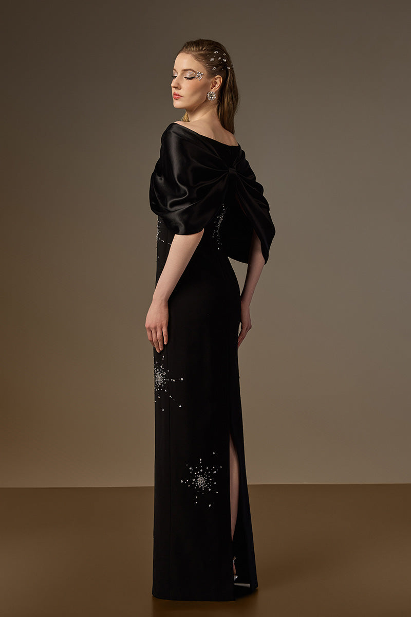 ELODIE BLACK DRAPED V-NECK COLUMN GOWN