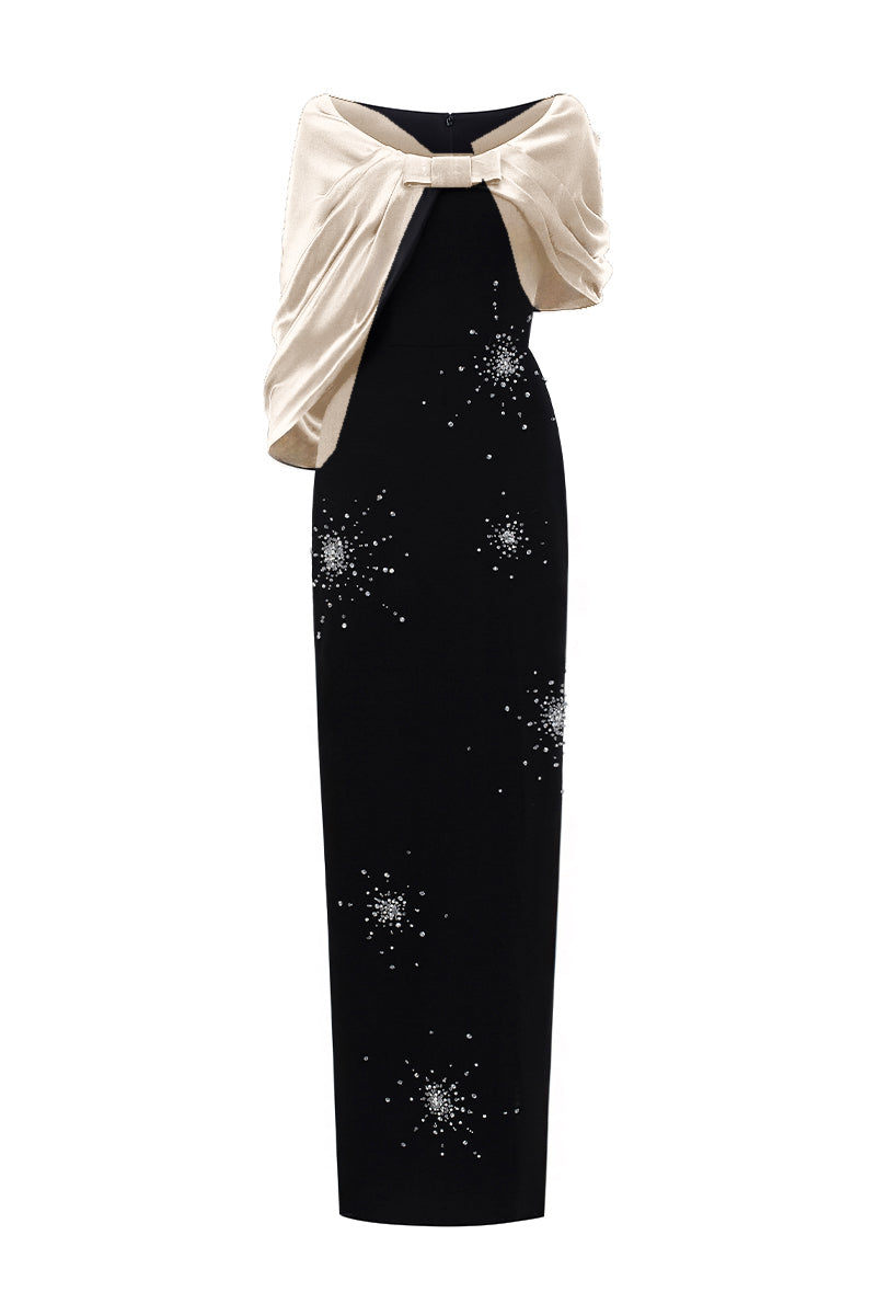 ELODIE BLACK AND BEIGE DRAPED V-NECK COLUMN GOWN