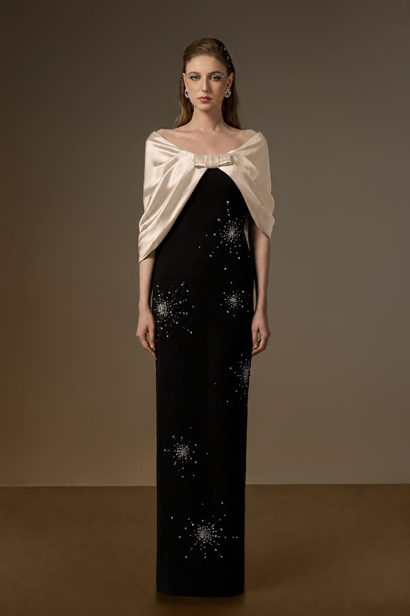 ELODIE BLACK AND BEIGE DRAPED V-NECK COLUMN GOWN