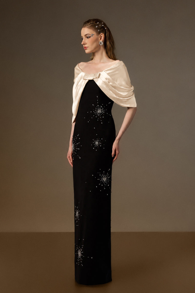 ELODIE BLACK AND BEIGE DRAPED V-NECK COLUMN GOWN
