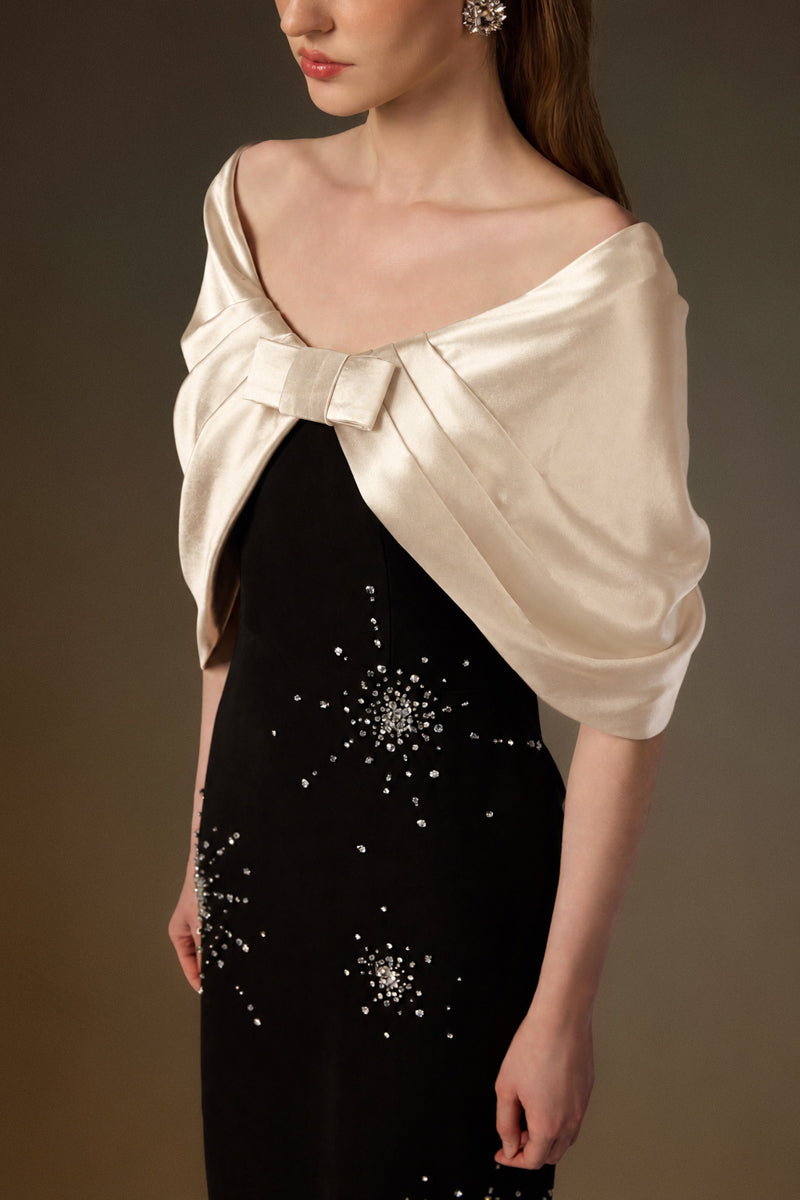 ELODIE BLACK AND BEIGE DRAPED V-NECK COLUMN GOWN