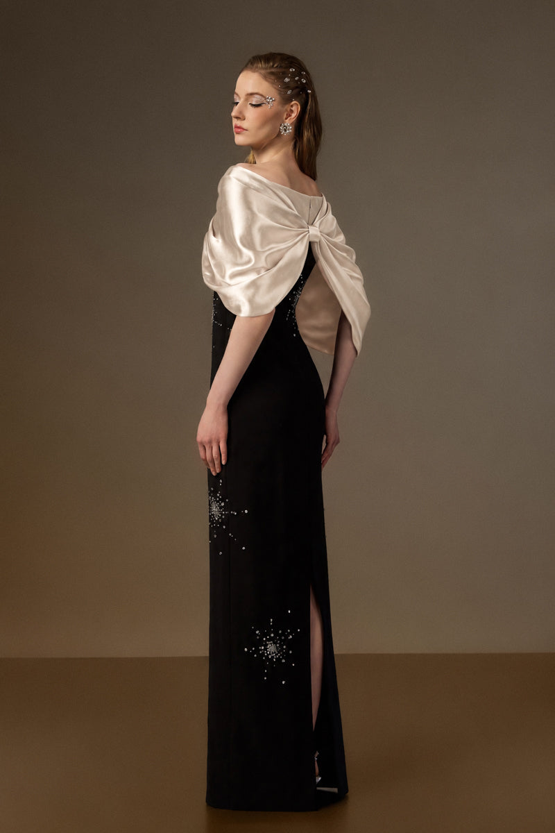 ELODIE BLACK AND BEIGE DRAPED V-NECK COLUMN GOWN