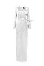 MARISOL WHITE METALLIC BELTED TRAIN COLUMN GOWN