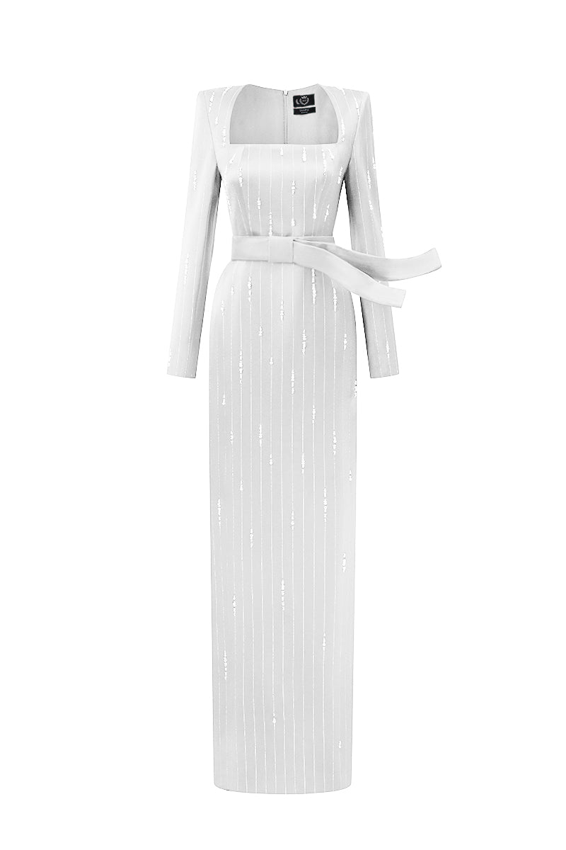 MARISOL WHITE METALLIC BELTED TRAIN COLUMN GOWN