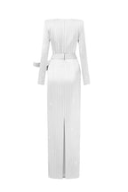 MARISOL WHITE METALLIC BELTED TRAIN COLUMN GOWN
