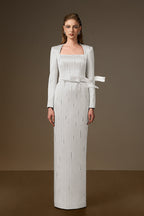 MARISOL WHITE METALLIC BELTED TRAIN COLUMN GOWN