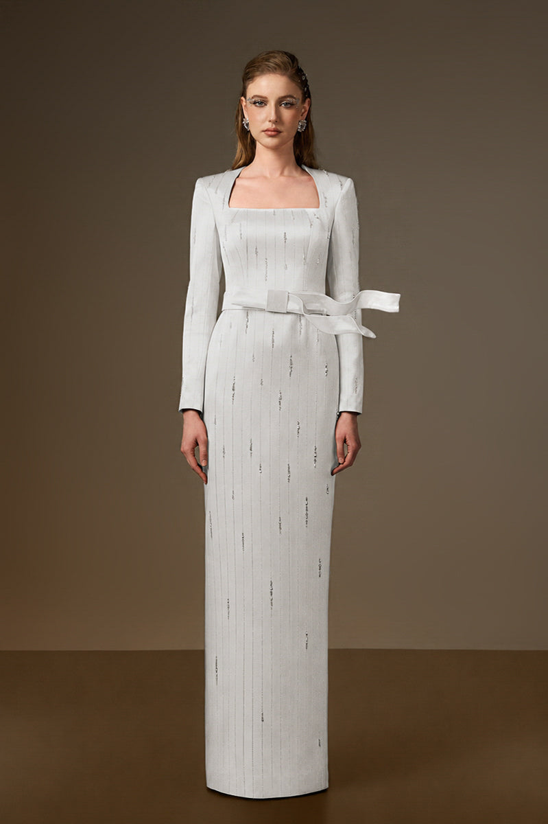 MARISOL WHITE METALLIC BELTED TRAIN COLUMN GOWN