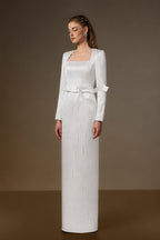 MARISOL WHITE METALLIC BELTED TRAIN COLUMN GOWN