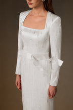 MARISOL WHITE METALLIC BELTED TRAIN COLUMN GOWN