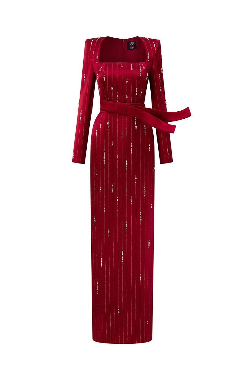 MARISOL RED METALLIC BELTED TRAIN COLUMN GOWN