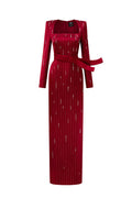 MARISOL RED METALLIC BELTED TRAIN COLUMN GOWN